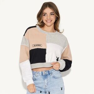 Playboy | XL | Colorblock Cropped Crewneck - Beige, Black, Gray, White